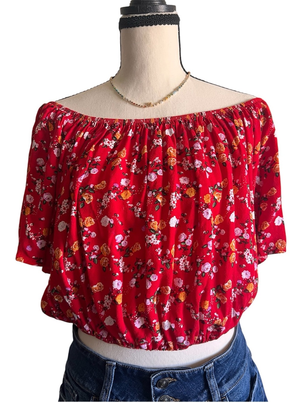 Forever 21 Red Floral Off-Shoulder Blouse